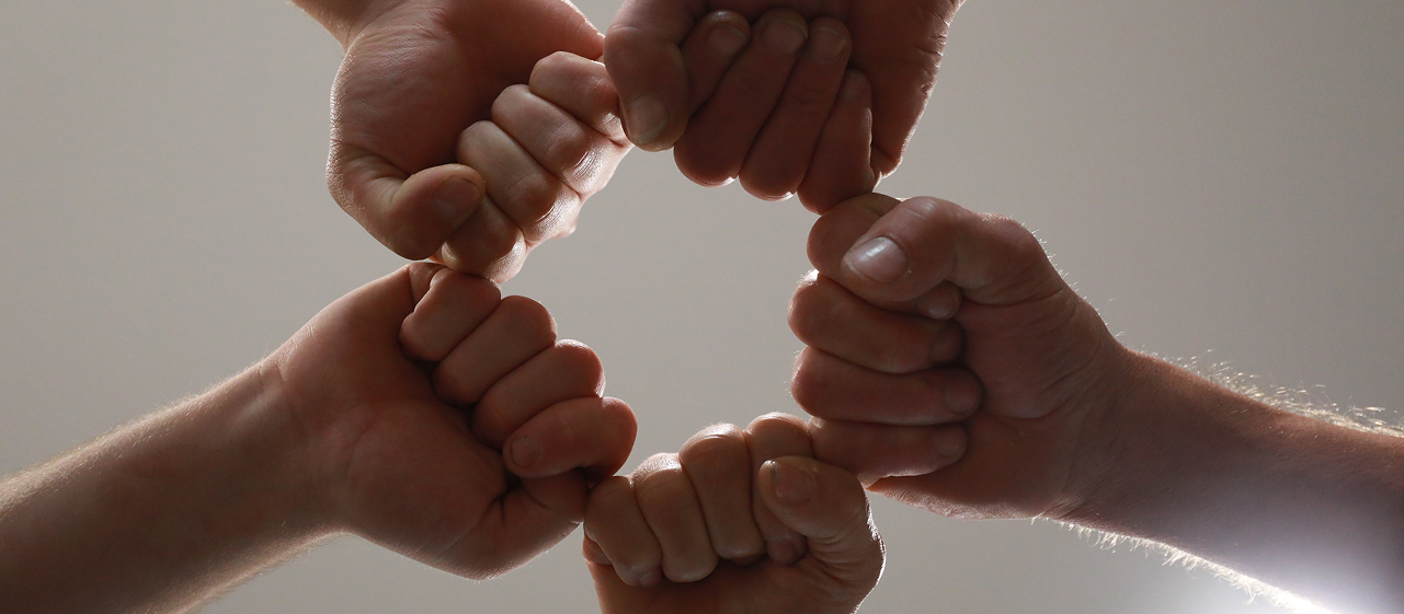 Sechs Hände bilden Fäuste, die sich von unten zu einem Kreis zusammenschließen, vor einem schlichten Hintergrund, der Einigkeit und Teamwork symbolisiert.