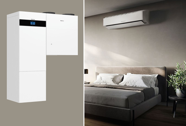 Ein geteiltes Bild, das links ein modernes weißes HLK-Gerät und rechts ein stilvolles Schlafzimmer mit einer an der Wand montierten Klimaanlage über einem Bett zeigt. Ein geteiltes Bild, das links ein modernes weißes HLK-Gerät und rechts ein stilvolles Schlafzimmer mit einer an der Wand montierten Klimaanlage über einem Bett zeigt.