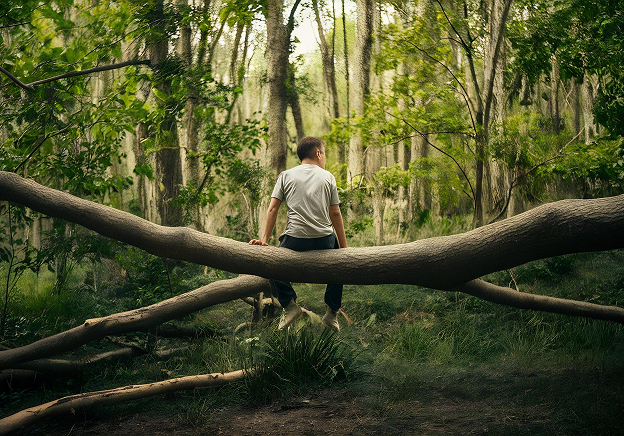 Eine Person in einem weißen Hemd sitzt auf einem großen umgestürzten Baumstamm in einem üppigen, grünen Wald, umgeben von Bäumen und dichtem Laub, und schaut in die Ferne.